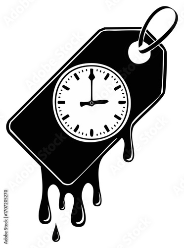 Melting clock on a tag, symbolic of time passing, creative black and white illustration.