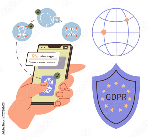 Hand holding smartphone with fingerprint scan, two-factor authentication, biometric icons, globe, and GDPR shield. Ideal for security, privacy, technology, compliance communication identity simple