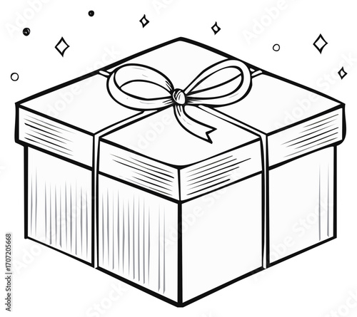 Festive present illustration in line art style shows gift box tied with a bow and some sparkles