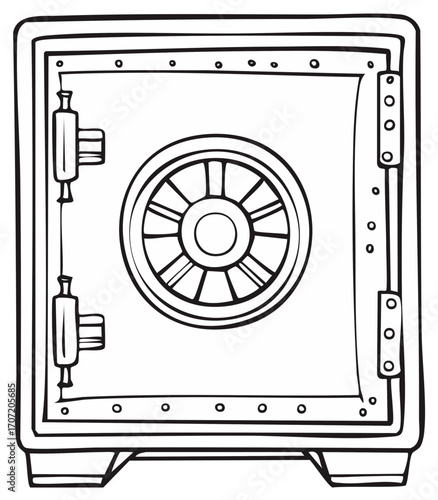 Vintage Safe with Combination Lock and Hinged Door, Black and White Illustration