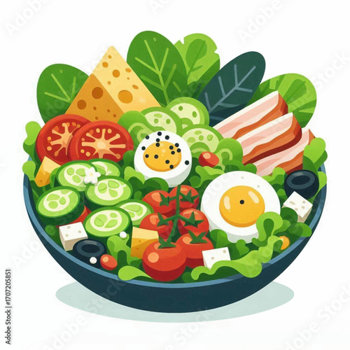 Vibrant salad bowl featuring tomatoes cheese bacon eggs and varied greens