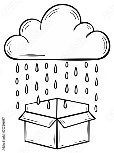 Hand drawn rain cloud dropping water into an open cardboard box line art illustration