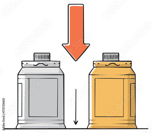 Illustration of two containers, with a descending arrow. Concept of direction or transfer