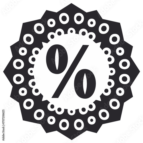 Geometric black and white percent sign inside a starburst design