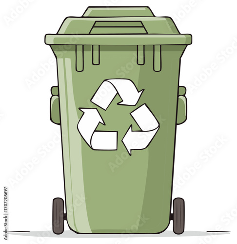 Green wheeled recycling bin with recycling symbol illustration