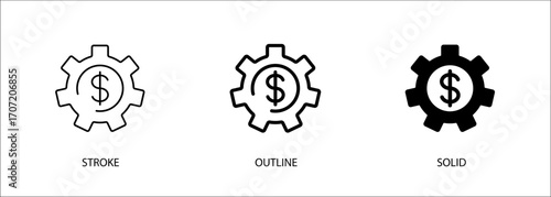 Gear icon with money for finance improvement, settings, development, engineering. Vector stroke, outline and solid icon. Eps10 file.