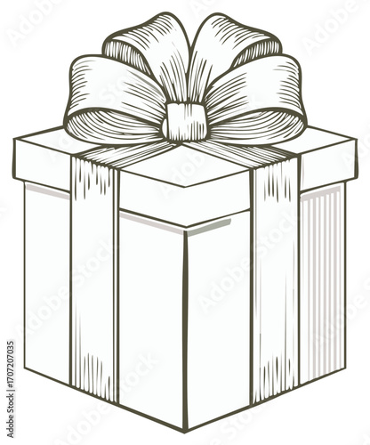 Engraved Style Gift Illustration: Square Box with Bow and Ribbon for Presents or Celebrations