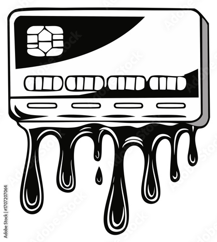 Credit Card with Drips of Liquid Black Paint, Illustration of Financial Loss, Ink Drawing