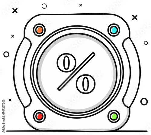 Percentage indicator illustration with colored buttons and decorative elements.