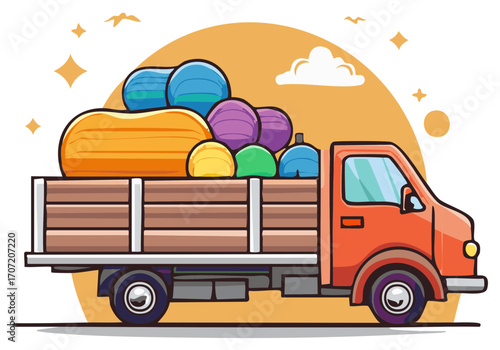 Cartoon truck carrying colorful goods, delivery of fresh produce, local market, vector illustration