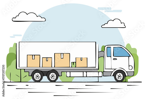 Delivery Truck with Boxes Moving Through Landscape with Clouds