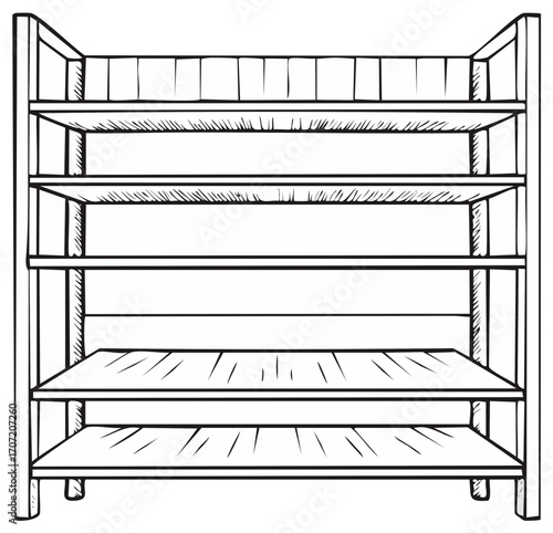 Empty Hand Drawn Wooden Bookshelf Storage Unit Line Art Illustration