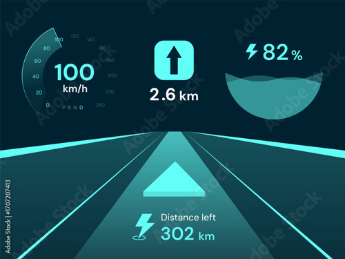 Electric Vehicle Dashboard User Interface with speedometer, battery percentage panel and navigation system automobile futuristic technology vector design concept. EV car ui design for  ev industry.