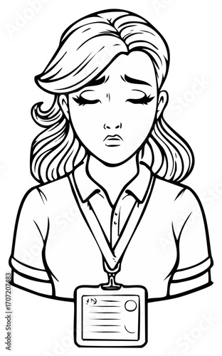 Young woman with head bowed and eyes closed looking sad wearing ID badge