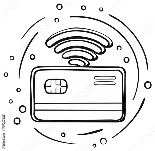 Contactless payment credit card illustration with wireless signal and chip for financial transactions
