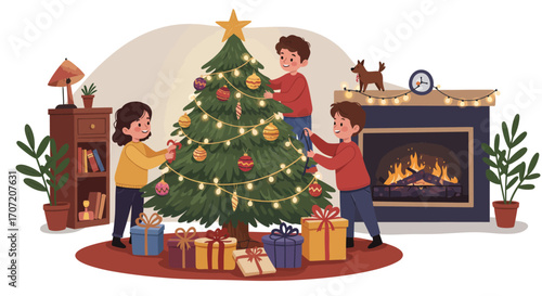 Happy children joyfully decorating a beautiful Christmas tree by a warm, cozy fireplace during the winter holidays