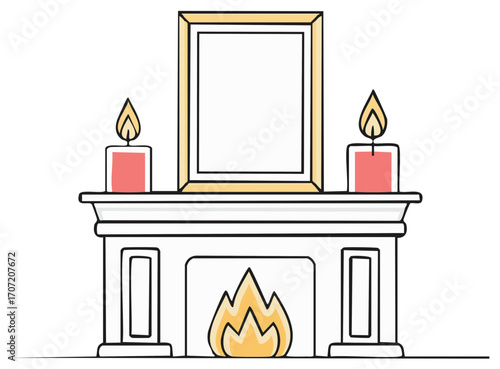 Cozy fireplace with burning candles and a blank picture frame above the mantelpiece
