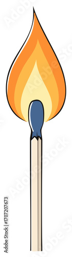 Single lit match with blue head and orange flame, isolated on white background