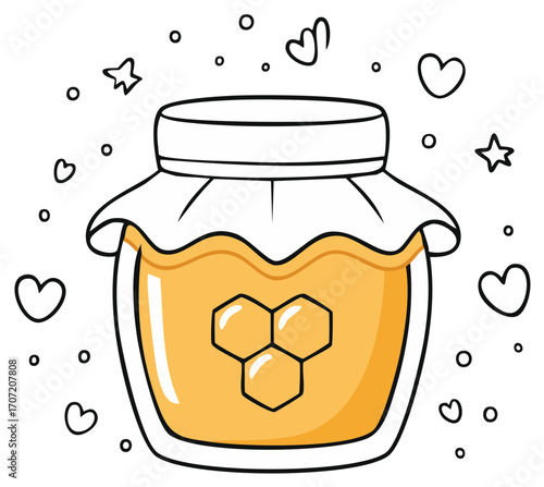 Honey jar illustration with honeycomb, hearts and stars. Sweet dessert concept.