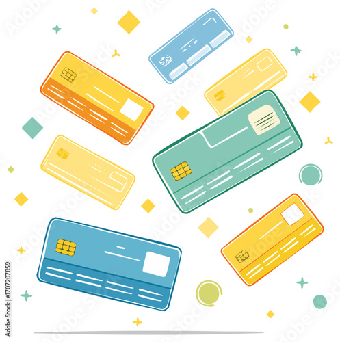Various Credit Cards Floating with Geometric Elements Illustration for Online Shopping and Financial Theme