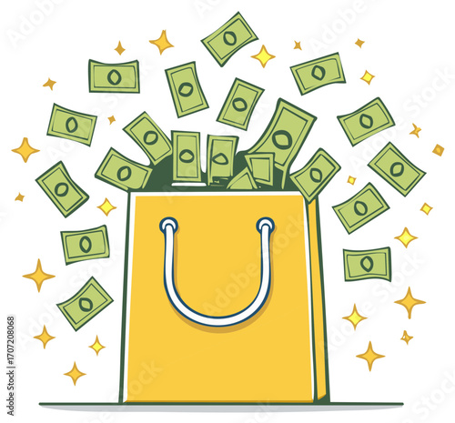 Shopping bag overflowing with flying cash and sparkling stars symbolizing wealth and fortune