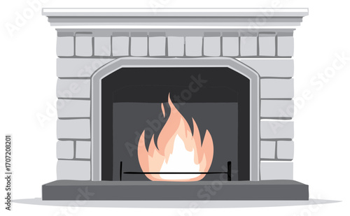 Classic Stone Fireplace with a Burning Fire Home Interior Vector Illustration