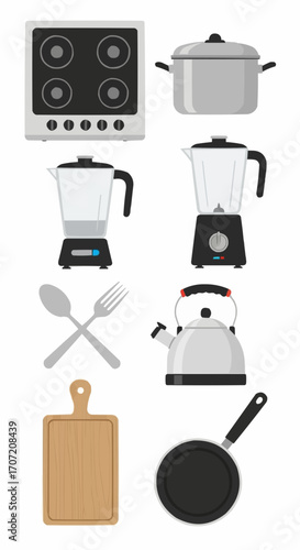 Kitchen cooking tools and appliances set illustration isolated on white background