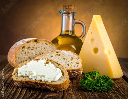 Wallpaper Mural Still life of bread, cheese, and olive oil Torontodigital.ca