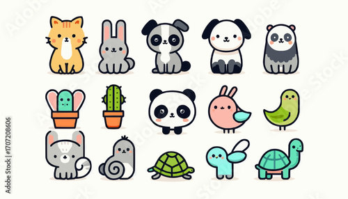 Cute Cartoon Animals and Plants Collection, Kawaii Pet Characters, Vector Illustration