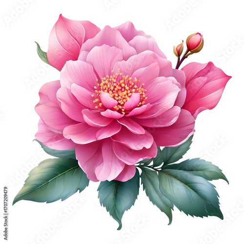 Lush Pink Peony Flower with Buds and Green Leaves on White Background floral bloom