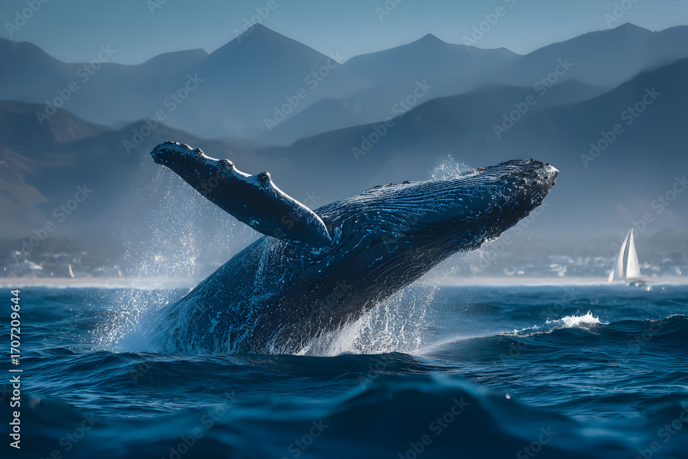 Fototapeta premium Humpback whale breaches ocean surface with mountains and sailboat in background view scene