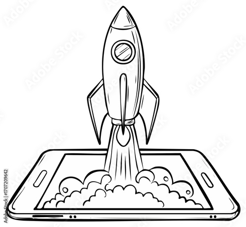 Sketch of a retro rocket blasting off from a smartphone screen with smoky exhaust