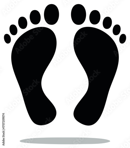 Vector icon of a pair of black human footprints or bare feet silhouette with shadow