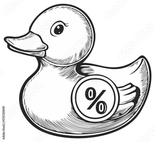 Rubber duck illustration with percentage symbol, concept of discount, sale, or financial offer