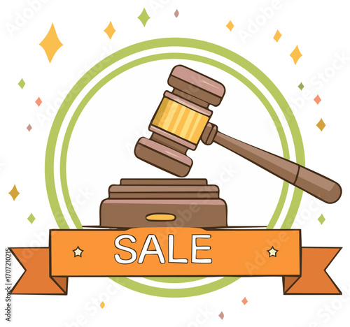 Gavel striking for a sale event with decorative elements and a banner