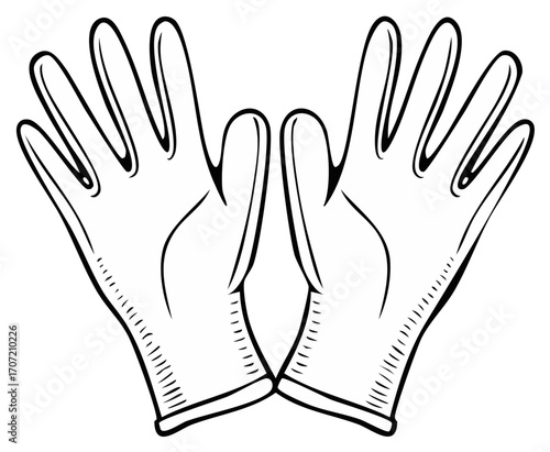 Pair of sketch style medical gloves with spread fingers isolated on white background