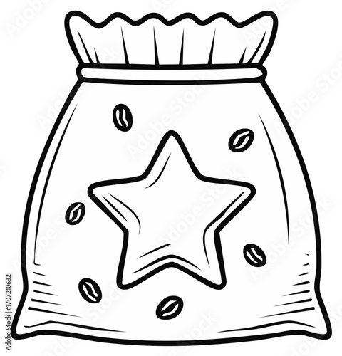 Doodle style line art illustration of a coffee bean bag featuring a prominent star emblem and scattered beans