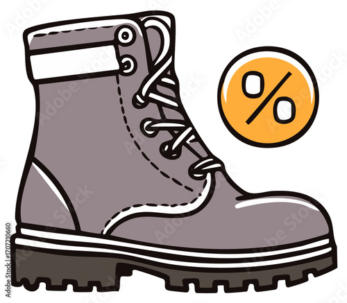 Gray hiking boot with laces and a percentage symbol for sale or discount