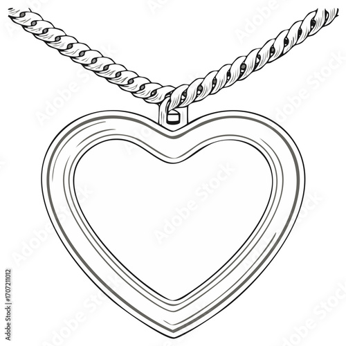 Heart shaped locket necklace sketch. Black and white vector outline illustration of a romantic jewelry pendant.