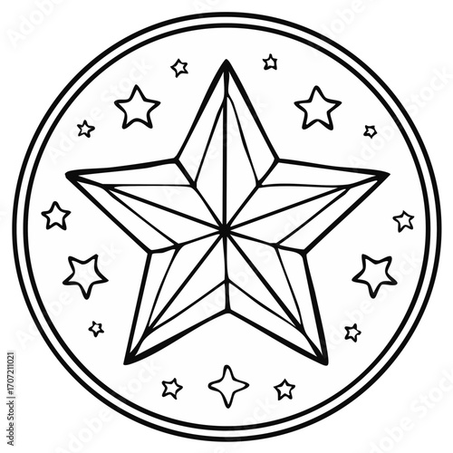 Geometric star design with small stars and circle frame in black and white