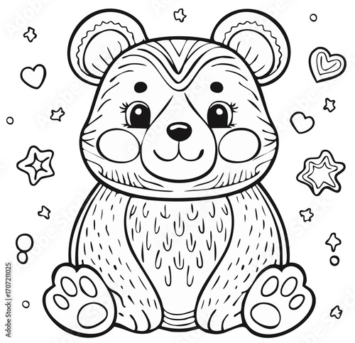 Adorable Cartoon Bear Line Art Illustration for Kids Coloring Book with Playful Stars and Hearts