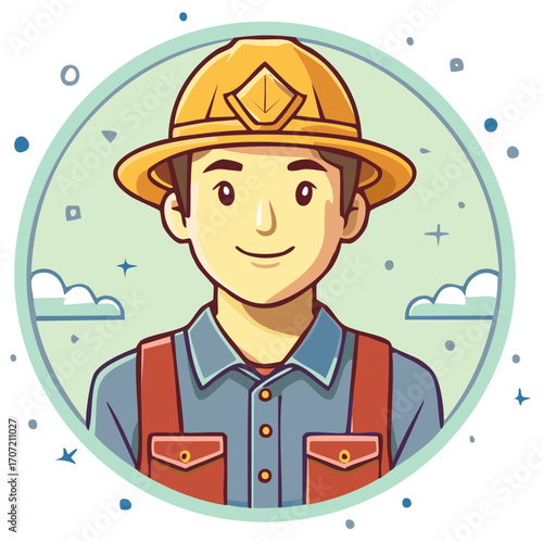 Cartoon construction worker character wearing a yellow hard hat and red overalls