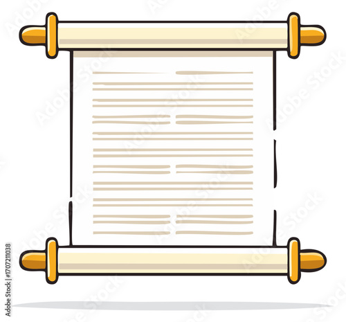 Cartoon illustration of an unrolled ancient scroll with blank text lines, historical parchment document