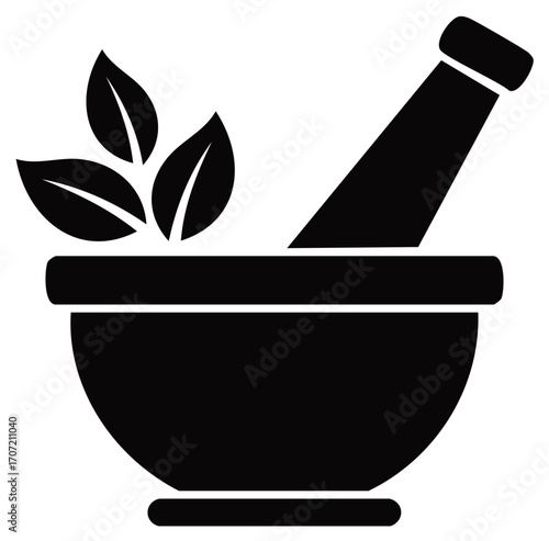 Mortar and pestle with herbs black silhouette icon for natural medicine and pharmacy