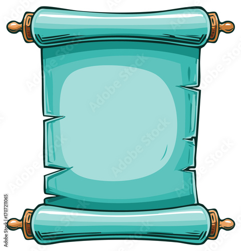 Cartoon Teal Blue Unrolled Ancient Scroll Illustration with Blank Copy Space