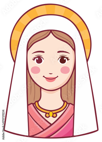 Cartoon illustration of a saint with a halo, smiling and wearing traditional clothing. Digital artwork for religious concepts
