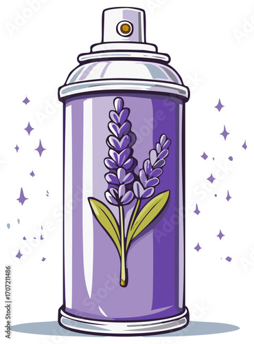 Lavender scented room spray illustration. Air freshener spray with stars and lavender decoration, illustration