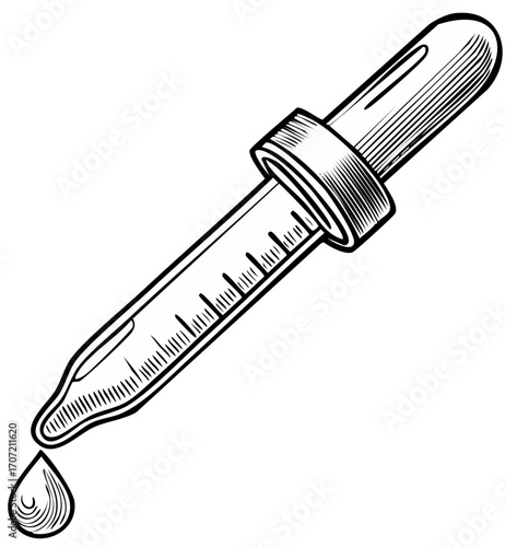 Black and White Drawing of Laboratory Dropper with Droplet, Research, Medicine