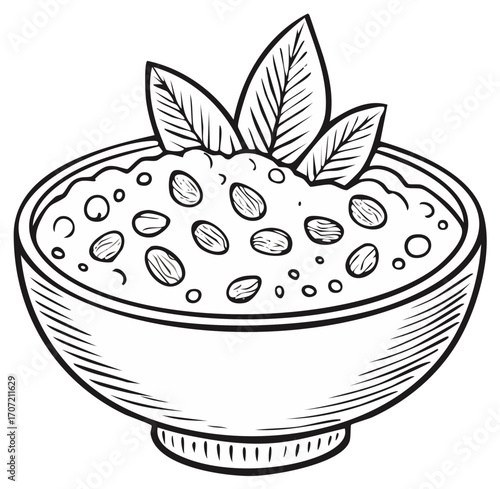 Hand drawn illustration of a nutritious breakfast bowl with almonds and fresh leaves