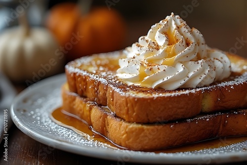 plate of pumpkin spice french toast topped with whipped cream and maple syrup